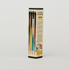 Blackwing Volume 458 pencil box featuring illustrations of 4 gradient pencils and birds
