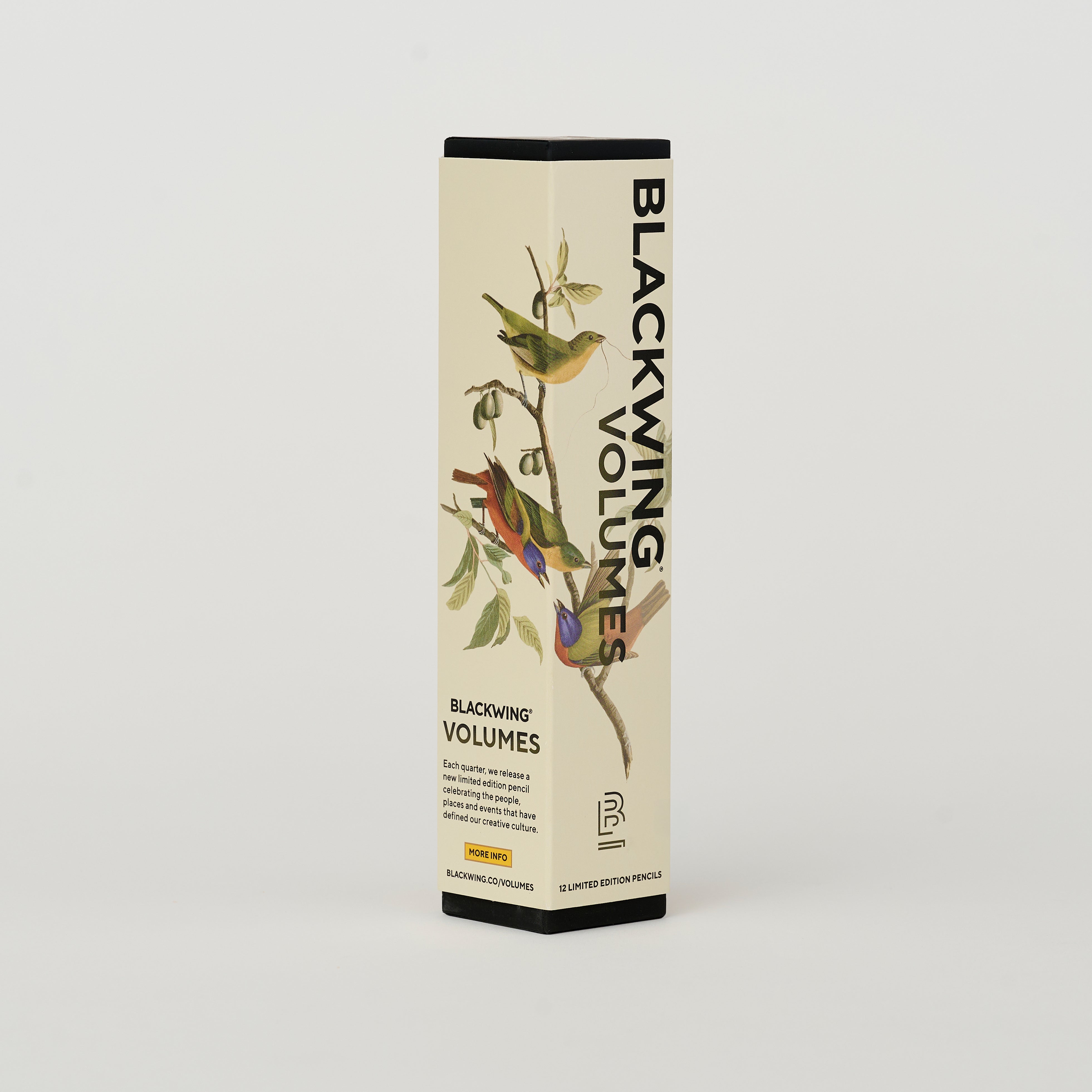 Blackwing Volumes pencil box featuring illustrations of birds on a branch