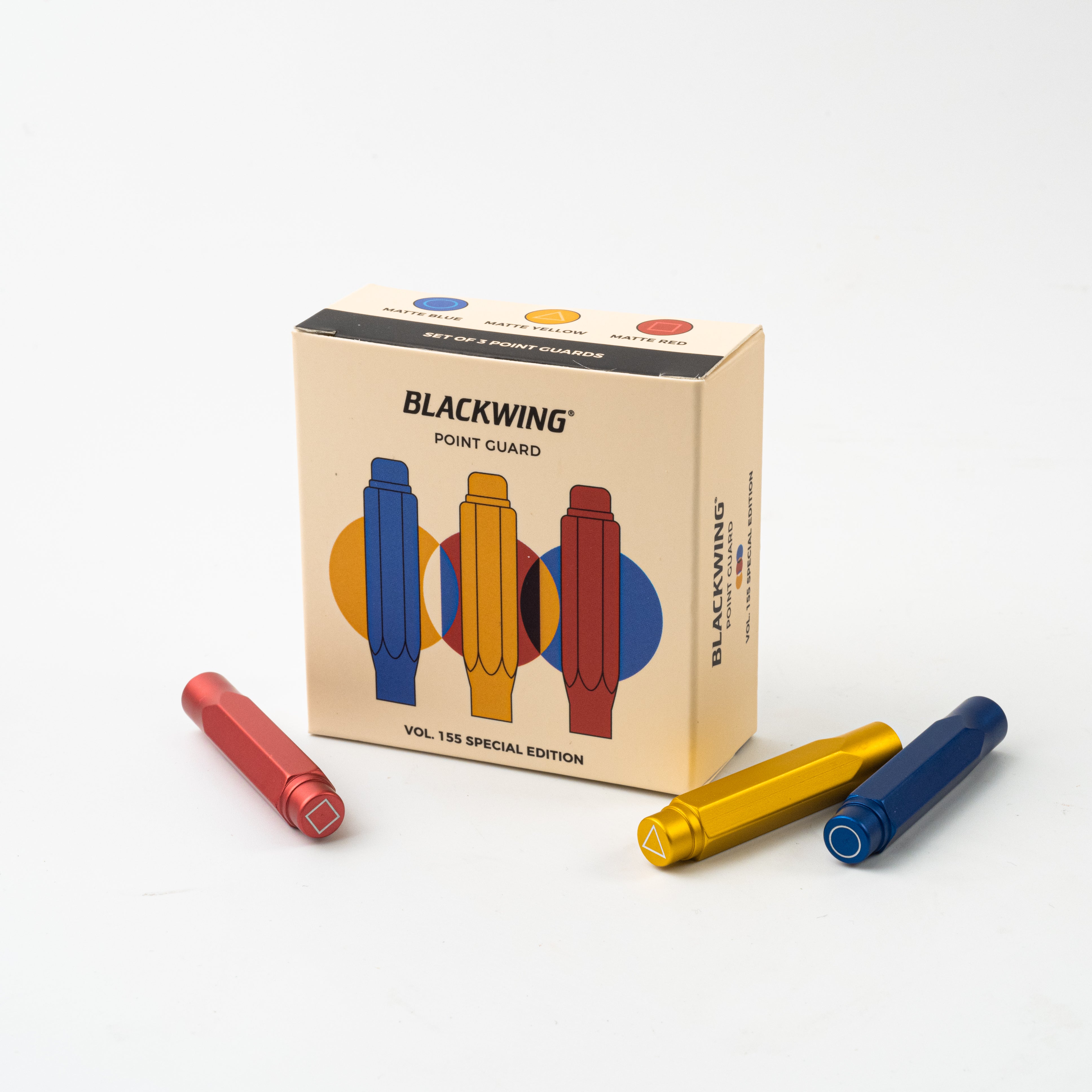A set of colored pencils and a box of Blackwing 155 Point Guards (Set of 3) pencils.